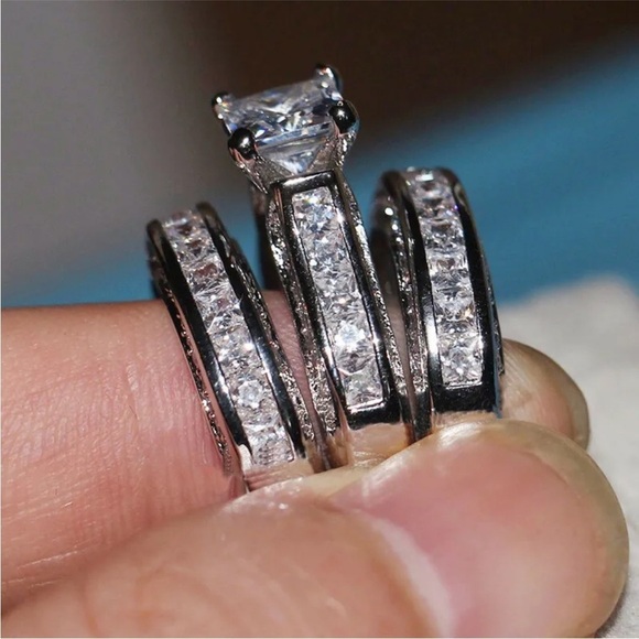 Sterling Silver Wedding Engagement 3 Piece Ring Set - Picture 3 of 13